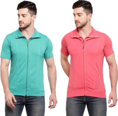 Adorbs Solid Men Polo Neck Green, Pink T-Shirt
