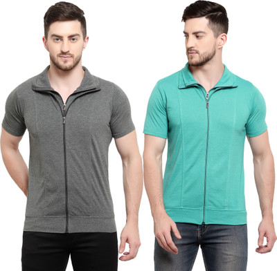 Adorbs Solid Men Polo Neck Light Blue, Grey T-Shirt