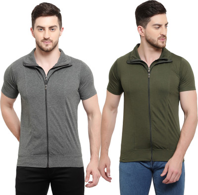 Adorbs Solid Men Polo Neck Green, Grey T-Shirt