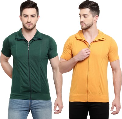 Adorbs Solid Men Polo Neck Dark Green, Yellow T-Shirt