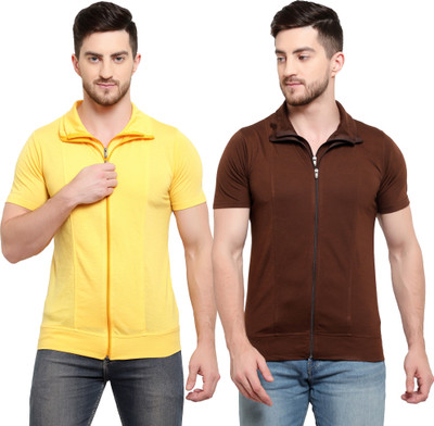 Adorbs Solid Men Polo Neck Brown, Yellow T-Shirt