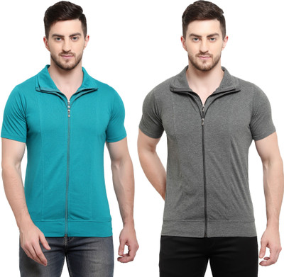 Adorbs Solid Men Polo Neck Blue, Grey T-Shirt