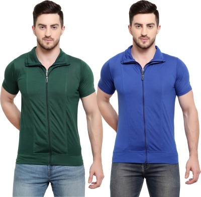 Adorbs Solid Men Polo Neck Dark Green, Blue T-Shirt