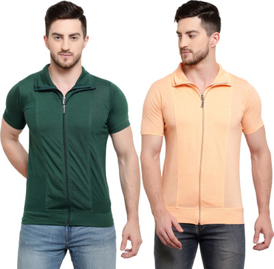 Adorbs Solid Men Polo Neck Green T-Shirt