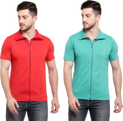 Adorbs Solid Men Polo Neck Red, Light Green T-Shirt