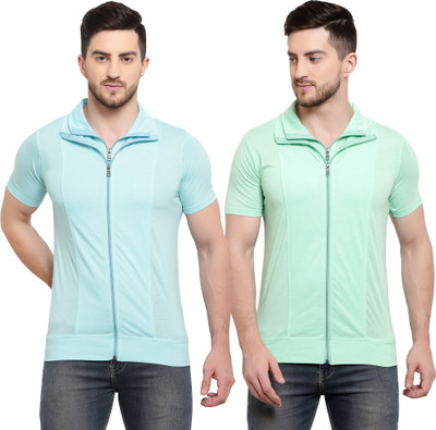 Adorbs Solid Men Polo Neck Light Blue, Light Green T-Shirt