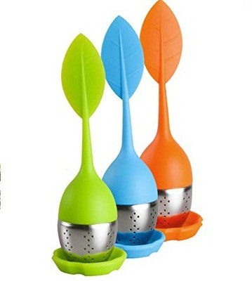 SEASPIRIT Silicone Tea Leaf Infuser With Long Leaf Shape Handle, Stainless Steel Infuser With Drip Tray | Perfect For Steeping Loose Leaf Tea In Tea Cup/ Mug / Teapot Tea Strainer (Multicolor) Tea Strainer(Pack of 3)