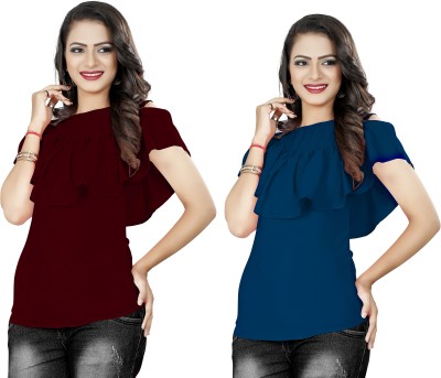 Urban Creation Party Short Sleeve Solid Women Maroon, Blue Top