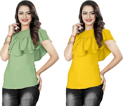 Urban Creation Party Short Sleeve Solid Women Light Green, Yellow Top