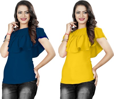 Urban Creation Party Short Sleeve Solid Women Blue, Yellow Top