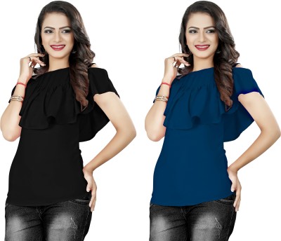 Urban Creation Party Short Sleeve Solid Women Blue, Black Top