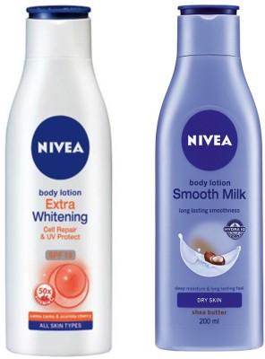 NIVEA SMOOTH MILK NOURISHING BODY LOTION 200 ML + EXTRA WHITENING CELL REPAIR & UV PROTECT SPF 15 BODY LOTION 200 ML(200 ml)