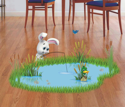 Varadvinayak 59 cm Rabit fishing in pond floor sticker. Self Adhesive Sticker(Pack of 1)