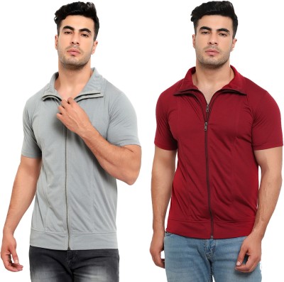 Jaskart Solid Men Polo Neck Red, Grey T-Shirt