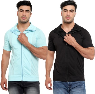 Jaskart Solid Men Polo Neck Light Blue, Black T-Shirt