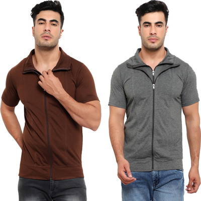 Jaskart Solid Men Polo Neck Brown, Grey T-Shirt