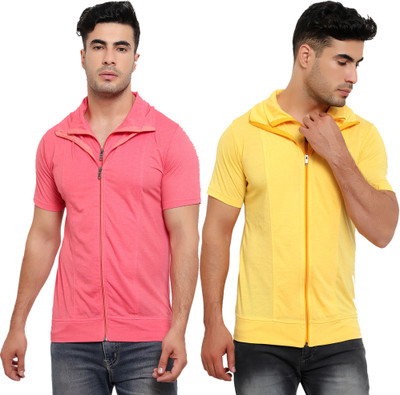 Jaskart Solid Men Polo Neck Pink, Yellow T-Shirt