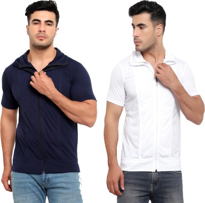 Jaskart Solid Men Polo Neck White, Blue T-Shirt