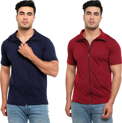 Jaskart Solid Men Polo Neck Dark Blue, Red T-Shirt