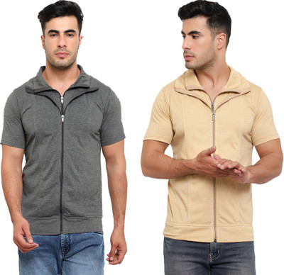 Jaskart Solid Men Polo Neck Grey, Beige T-Shirt