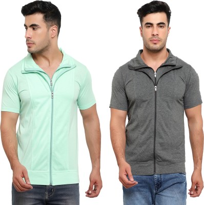 Jaskart Solid Men Polo Neck Grey, Light Green T-Shirt