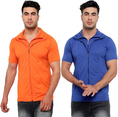 Jaskart Solid Men Polo Neck Dark Blue, Orange T-Shirt