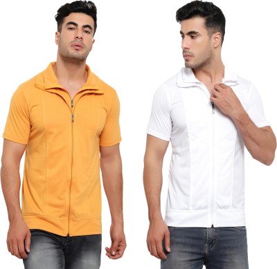 Jaskart Solid Men Polo Neck White, Yellow T-Shirt