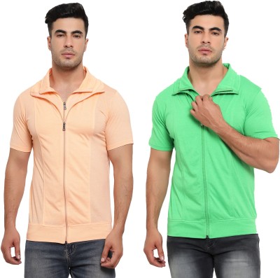 Jaskart Solid Men Polo Neck Orange, Light Green T-Shirt