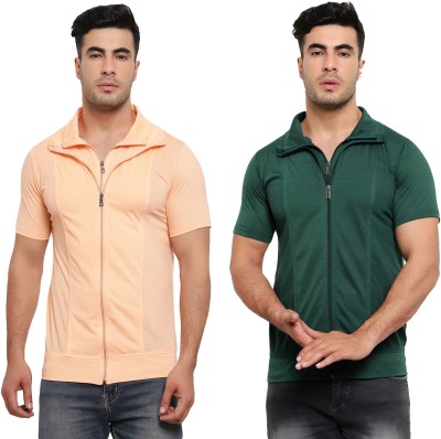 Jaskart Solid Men Polo Neck Dark Green, Orange T-Shirt