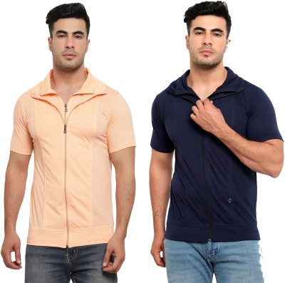 Jaskart Solid Men Polo Neck Dark Blue, Orange T-Shirt