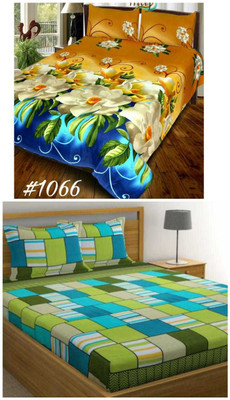 LEEFAB INDIA 140 TC Polycotton Double 3D Printed Bedsheet(Pack of 2, Green, Golden)
