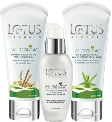 LOTUS HERBALS White Glow Serum Moisturiser 30ml and White Glow Oatmeal & Yogurt Skin Whitening Scrub 100g and Whiteglow Facial Foam 100g(3 Items in the set)