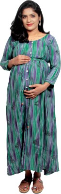 Ziva Maternity Wear Women Printed A-line Kurta(Dark Green, Blue)