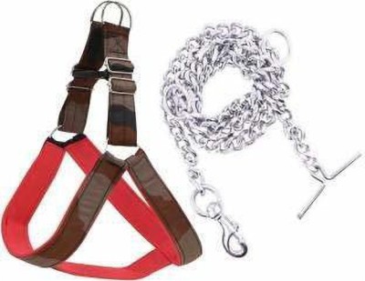 Smart Doggie Doggie Nylon Padded Adjustable Dog Chest Belt 1 INCH & Dog Iron Chain 8 No. for Medium Dogs (Brown) Dog Harness & Chain(Extra Large, silver brown)
