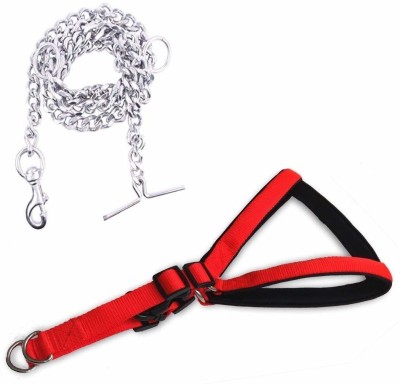 Smart Doggie Combo Pack of Nylon Padded Adjustable Dog Chest Belt 1 INCH & Iron Chain 8 No. Dog Harness & Chain(Extra Large, silver black red)