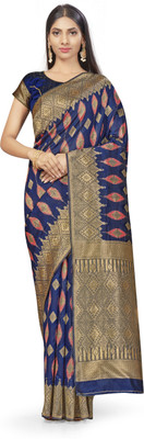 manvaa Woven Kanjivaram Silk Blend Saree(Dark Blue)