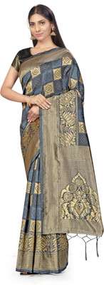 Shadow & Saining Woven Banarasi Silk Blend Saree(Grey)
