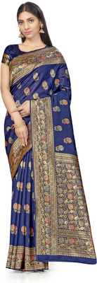 manvaa Woven Banarasi Silk Blend Saree(Dark Blue)