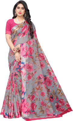 SAARA Printed Fashion Cotton Blend Saree(Grey, Pink)