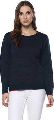 Modeve Self Design, Printed, Woven Round Neck Casual Women Dark Blue Sweater