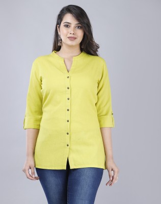 DORIYA Casual 3/4 Sleeve Solid Women Yellow Top