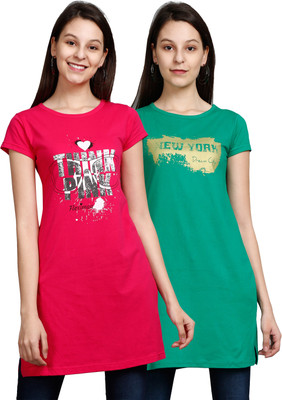 Fleximaa Casual Short Sleeve Printed Women Green, Pink Top