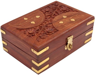 WoodCart H@ndmade Wooden Jewellery Box for Women Jewel Organizer Carving & Brass Inlaid - D-Design 6 Inches Makeup, Jewellery & other Utility Vanity Box(Brown)
