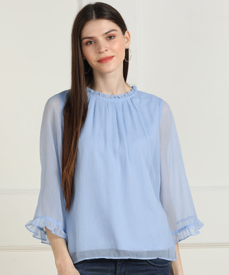 AND Casual Bell Sleeve Solid Women Blue Top