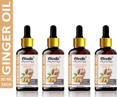 Olvedic Ginger Essential Oil Pure & Organic Therapeutic Grade Undiluted For Hair, Skin 30 ML Pack of 4 Bottles 120 ml(120 ml)