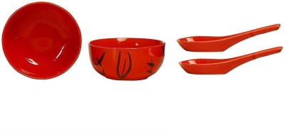 caffeine Ceramic Soup Bowl Handmade Red Bamboo(Pack of 2, Red)