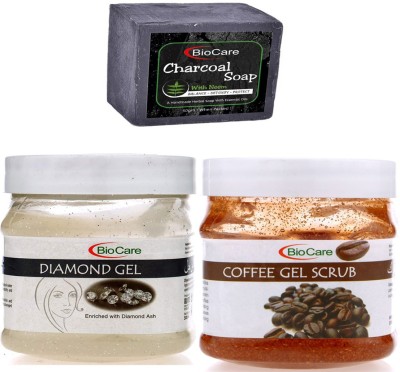 BIOCARE Charcoal Soap 50gm, Diamond Gel 500gm with Coffee Gel Scrub 500gm(3 Items in the set)