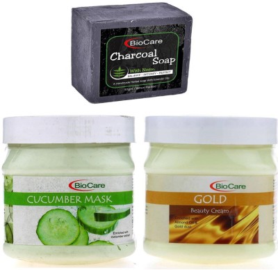 BIOCARE Charcoal Soap 50gm, Cucumber Mask 500gm with Gold Cream 500gm(3 Items in the set)