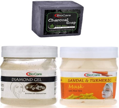 BIOCARE Charcoal Soap 50gm, Diamond Gel 500gm with Sandal & Turmeric Mask 500gm(3 Items in the set)