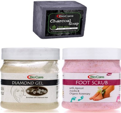 BIOCARE Charcoal Soap 50gm, Diamond Gel 500gm with Foot Scrub 500gm(3 Items in the set)